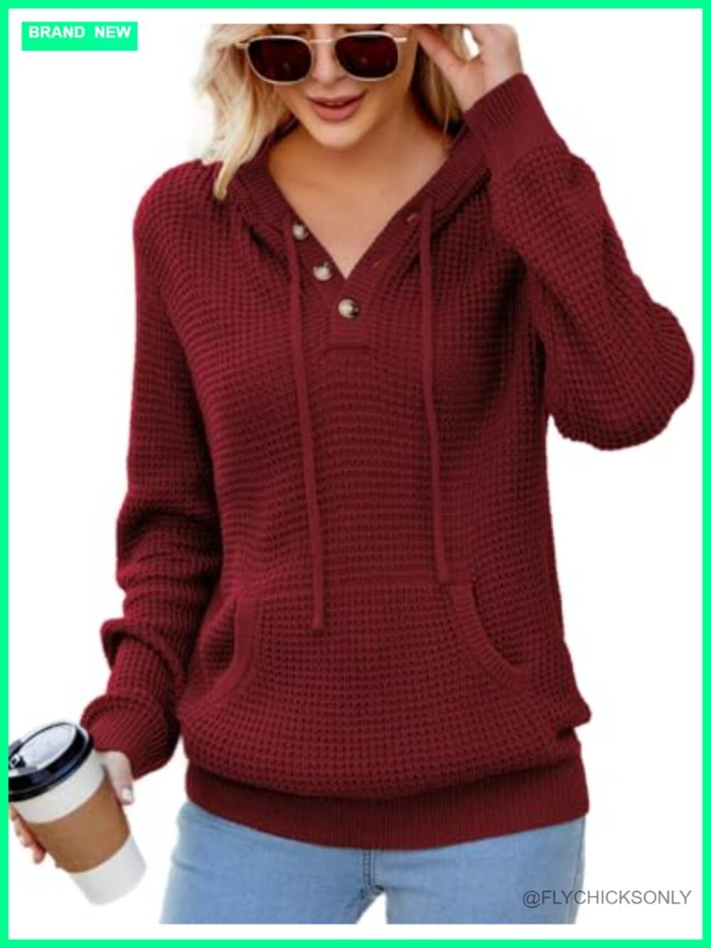 Womens V-Neck Hooded Sweater Waffle Knit Pullover with Pocket